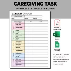 Cover image for Online course Caregiver Daily Tasks Log. Caregiver Time Worked. Elderly Care Caregiving Checklist. Fillable &amp; Printable PDF. Excel Template Google Sheets.