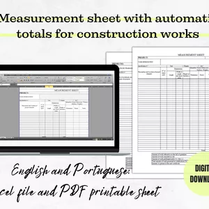 Cover image for Online course Measurement sheet with automatic totals for construction works. Excel file and PDF. In english and portuguese version.