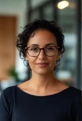 Mulher de óculos, com visual profissional, representando depoimento real de quem utilizou a planilha de controle financeiro