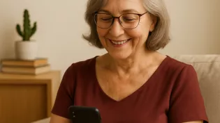 Foto da Silvia Regina, 67 anos, usando o celular