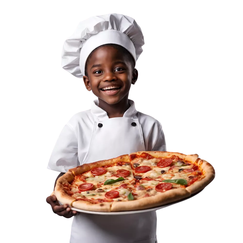 Criança negra feliz segurando uma pizza