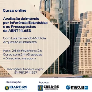 Imagem de capa para o Curso online AVALIAÇÃO DE IMÓVEIS POR INFERÊNCIA ESTATÍSTICA. ABNT 14.653/01. METODOLOGIA CIENTÍFICA DE REGRESSÃO.