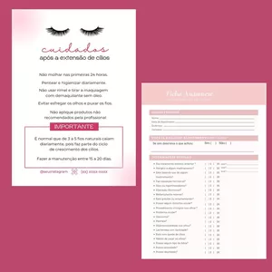Imagem de capa para o Ebook Ficha de Anamnese e Cuidados Pós Extensão de Cílios (EDITÁVEIS) 