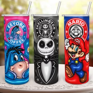 Imagen de portada para Ebook 90+ Diseños para Sublimar Termos 20oz - Personajes Animados, Superheroes, Princesas, Personajes Anime y Terror - Plantillas PNG Tumblers Skinny (rectos) y Cónicos -Estilo Inflado Café 