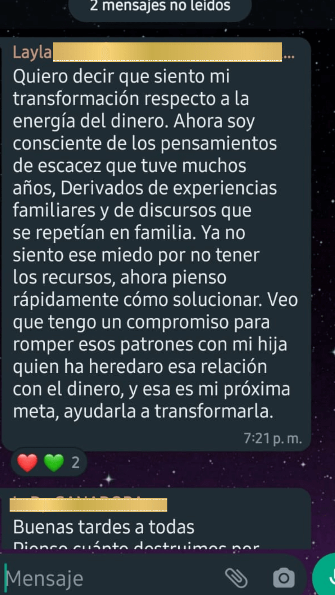Layla comparte cómo ha transformado su relación con el dinero al hacerse consciente de los pensamientos de escasez heredados. Ahora actúa con más confianza y claridad, y busca romper patrones para dejarle una nueva visión financiera a su hija.