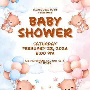 Imagen de portada para Ebook Invitación digital de Baby Shower editable en Canva – Oso con globos, rosa y azul