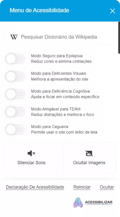 Menu de acessibilidade visto aberto com todos os botões