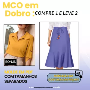 Imagem de capa para o Curso online Molde em PDF: Kit Compre 1 e Leve 2 - Saia Evasê com Babado e Laço + Blusa Soltinha com Gola (com aula de costura das peças)