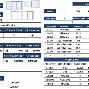 Imagem de capa para o Ebook Planilhas 2.2 de Orçamento e Corte Janelas e Portas 2, 3 e 4 folhas linha Gold