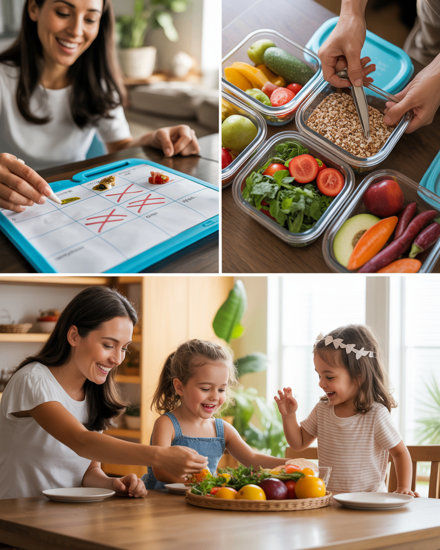 Planejamento de refeições saudáveis, preparo de alimentos em lote e organização da rotina alimentar familiar.