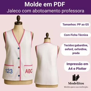 Imagem de capa para o Ebook Molde em PDF jaleco básico com abotoamento para professora - PP ao G5