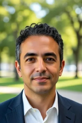 Homem sorrindo em ambiente externo arborizado — depoimento de usuário que utiliza a planilha de controle de gastos