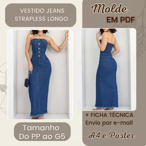 Imagem de capa para o Ebook Molde em Pdf - Vestido Jeans com Strapless Longo