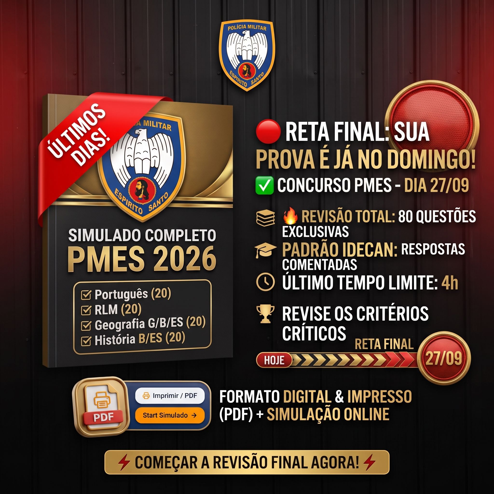 Imagem do curso Simulado Completo PMES SOLDADO 2026 – Nível Médio – Banca IDECAN