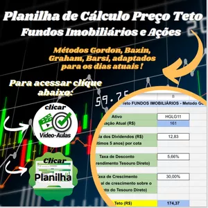 Imagem de capa para o Ebook Planilha para cálculo de preço Teto de Fundos Imobiliários e Ações (Gordon, Bazin, Barsi, Graham)
