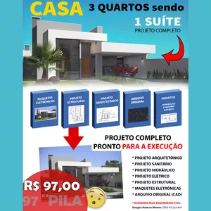 Imagem de capa para o Ebook PROJETO COMPLETO DE CASA com 3 QUARTOS sendo 1 SUÍTE