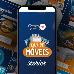 Imagem de capa para o Curso online Canva Posts - LOJA DE MÓVEIS - 110 Templates Stories