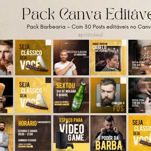 Imagem de capa para o Curso online Pack Barbearia – Com 30 Posts editáveis no Canva