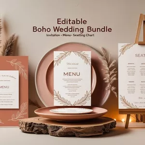 Cover image for Ebook Boho Wedding Template Bundle – Invitation + Menu + Seating Chart – Editable in Canva