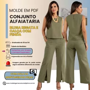 Imagem de capa para o Curso online Molde em PDF: 2 peças -  Conjunto Alfaiataria - Blusa Regata e Calça com Fenda (com aula de costura)