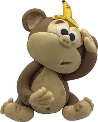 Aprenda a modelar esse macaco com ar de brincalhão e uma banana na cabeça no Curso Meu Primeiro Zoológico - Modele 25 Animais em Pasta Americana
