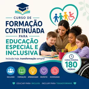 Imagem do curso Curso de formação  continuada para educação especial e  inclusiva, com carga horária de 180  (cento e oitenta) horas 