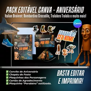 Imagem de capa para o Ebook Pack Editável Canva – Aniversário Italian Brainrot: Bombardino Crocodilo, Tralalero Tralala e muito mais!