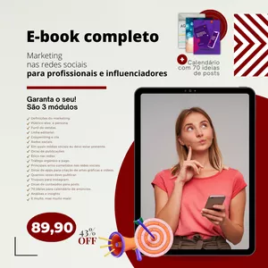 Imagem de capa para o Ebook Aprenda a utilizar as Redes Sociais a seu favor! E-book com 3 módulos + 70 ideias de posts para empreendedores, influenciadores, profissionais liberais e marcas.
