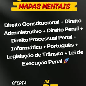 Imagem de capa para o Ebook Combo Mapas Mentais Direito Constitucional + Direito Administrativo + Direito Penal + Direito Processual Penal + Informática + Português + Legislação de Trânsito + Lei de Execução Penal 🚀
