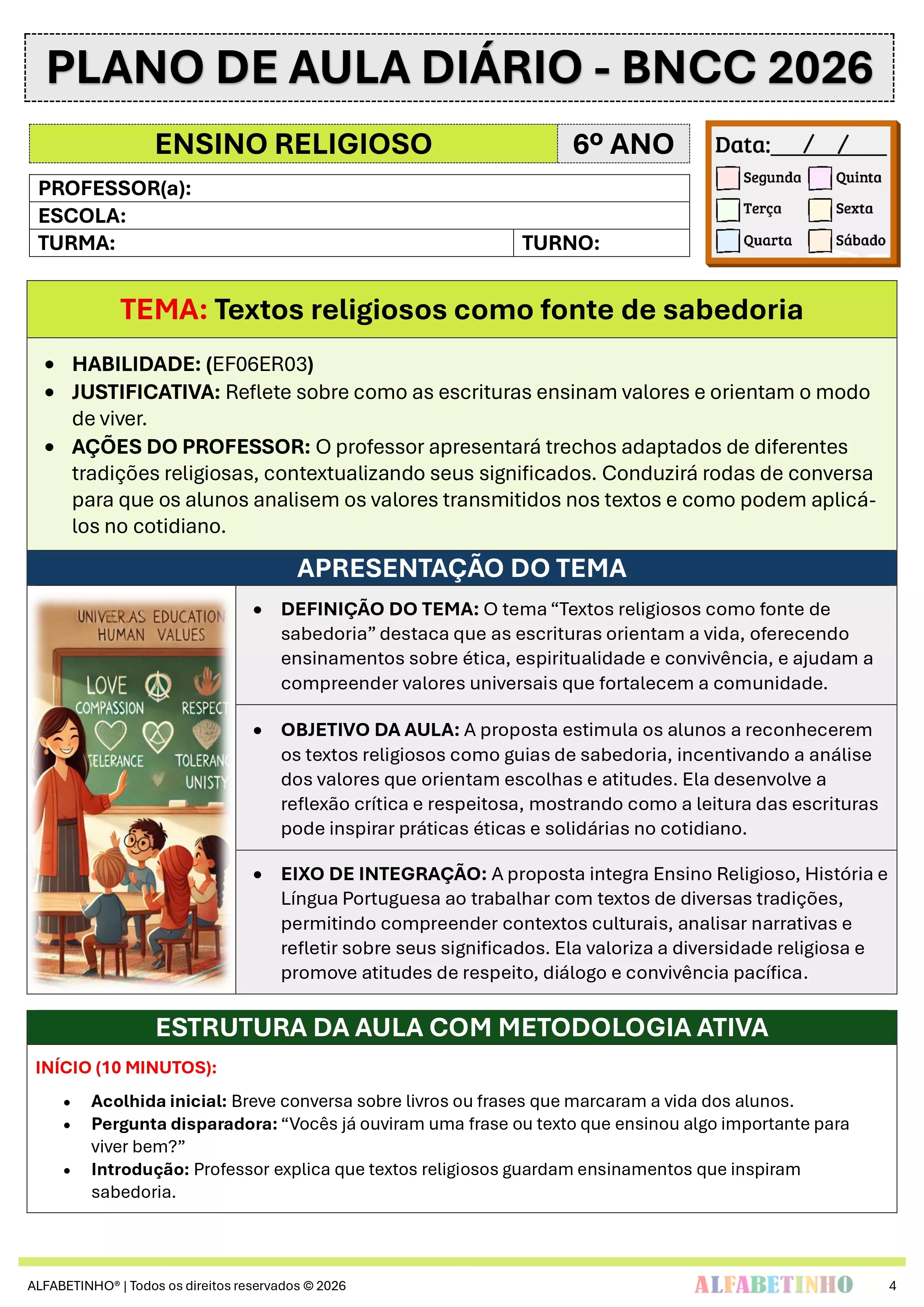 PLANOS DIÁRIOS - ENSINO RELIGIOSO - 6º ao 9º ano - BNCC 2026