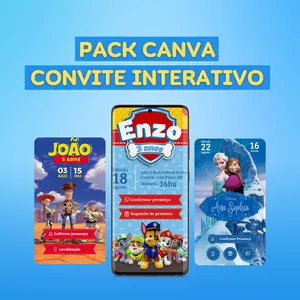 Imagem de capa para o Ebook Pack Convites Interativos - Editável no Canva 50 artes 