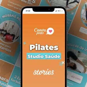Imagem de capa para o Ebook Canva Arte - Pilates Studio Saúde - 110 Templates Stories 