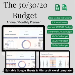 Cover image for Ebook 50/30/20 Budget Bundle - 20 Excel/Sheets Templates Smart Money System - 5 Budget Methods