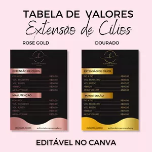Imagem de capa para o Curso online Tabela de valores extensão de cílios -100% editável