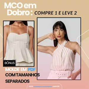 Imagem de capa para o Curso online "MCO EM DOBRO: Compre 1 e Leve 2 - Molde Blusa com decote cruzado + Bônus de Blusa de alcinha com peplum”