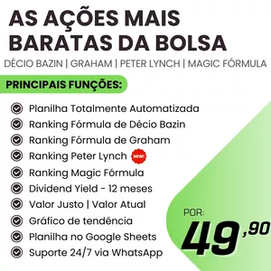 Imagem de capa para o Curso online Planilha Automática - Ações Mais Baratas da Bolsa (Décio Bazin, Graham, Peter Lynch e Magic Fórmula) | Acesso Vitalício