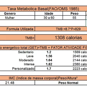 Imagem de capa para o Ebook TB 10 Planilha taxa metabolica basal e total vet e get gasto energetico  FAO/ OMS 1985