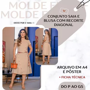 Imagem de capa para o Ebook Conjunto Saia e Blusa com Recorte Diagonal - Molde em PDF