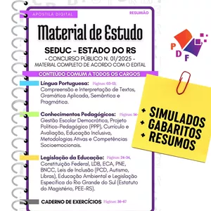 Imagem de capa para o Ebook Apostila Concurso SEDUC/RS 2025 - com QUESTÕES, GABARITOS, RESUMOS e SIMULADOS