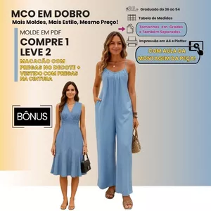 Imagem de capa para o Curso online Moldes em PDF: MCO em Dobro - Compre 1 e Leve 2 ( Macacão com pregas no decote +  Vestido com pregas na cintura))